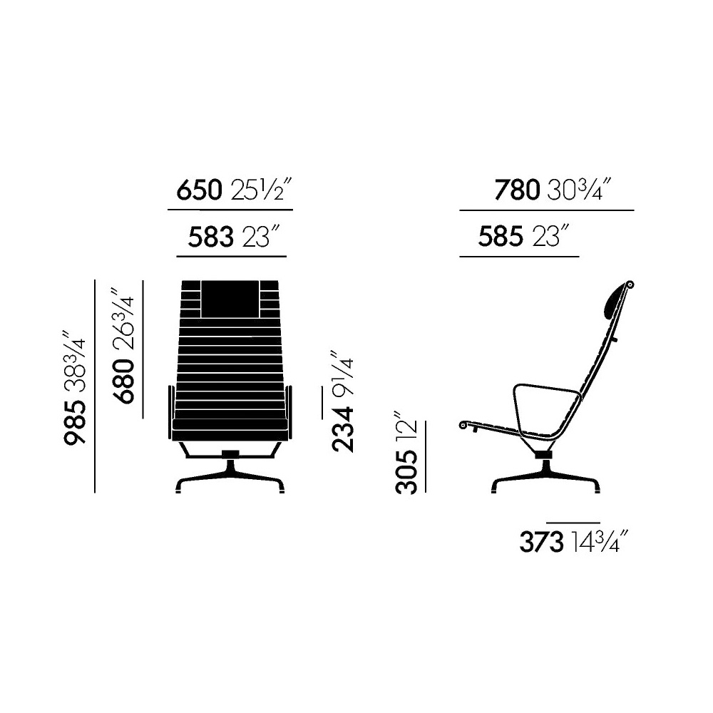 Vitra-Sessel-EA124-Masse Aluminium Chair EA 124 mit Hocker EA 125